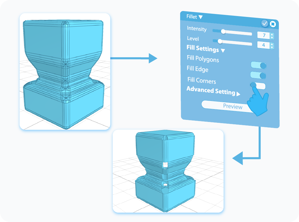 Toggle to enable Fill Corners setting for Fillet tool